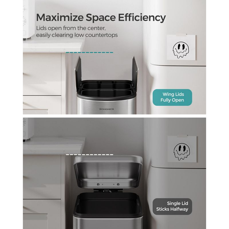 SONGMICS 13-Gal ( 50L ) Dual Kitchen Trash Can,Garbage Can with Wing Lids, Stainless Steel, Soft Close, Inner Buckets, with 15 Trash Bags, Silver