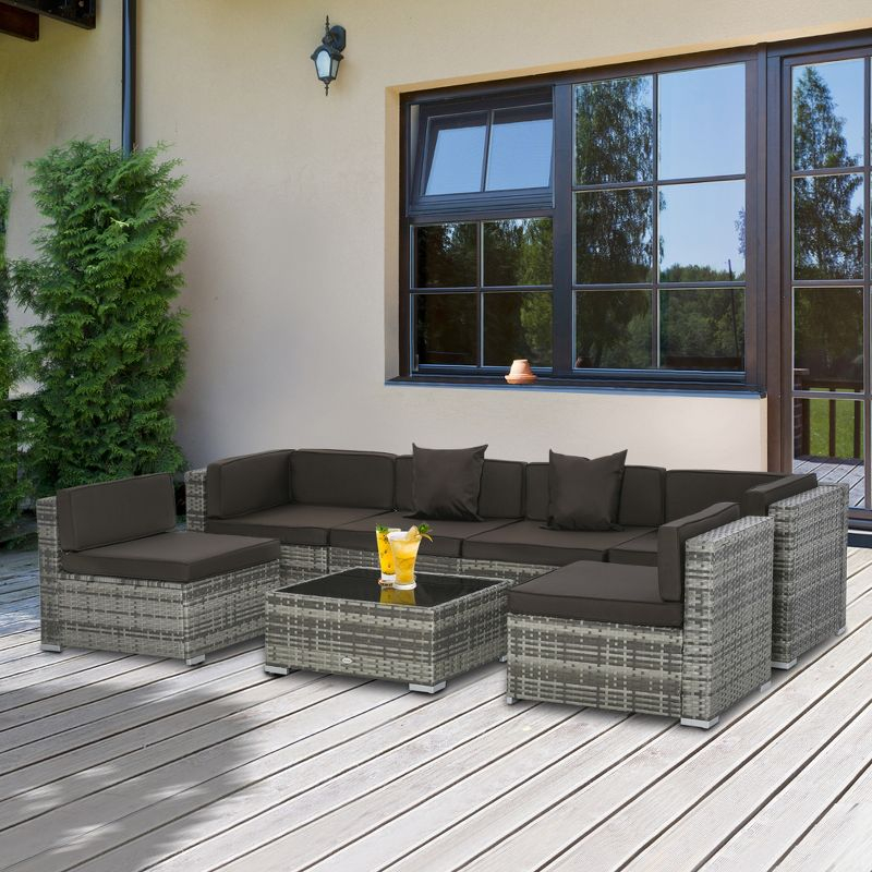 Outsunny 7 Piece Outdoor Patio Furniture Set, PE Rattan Wicker Sectional Sofa Set with Couch Cushions, Pillows, Coffee Table, Charcoal