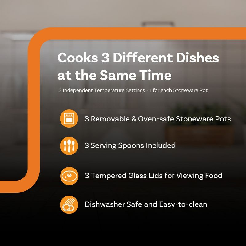 Complete Cuisine Stainless Steel Triple Slow Cooker, Buffet Food Server with Removable Ceramic Pots, Glass Lids for Kitchen, 2.5 Quart, Black/Silver