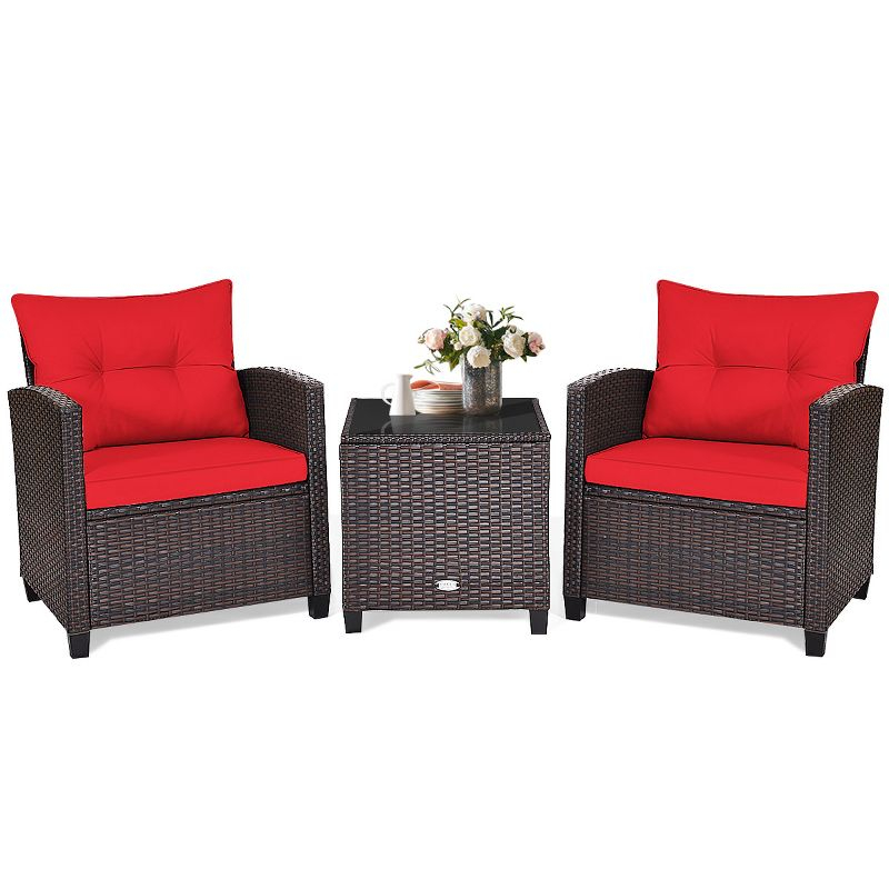 Tangkula 3PCS Wicker Cushioned Conversation Set Outdoor Rattan Furniture w/Red Cushions