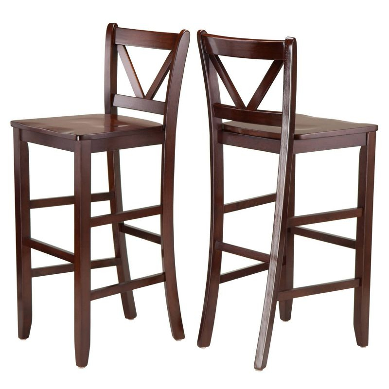 Set of 2 Victor V-Back 30" Barstool Wood/Walnut - Winsome: Solid Wood, High Back, Unupholstered