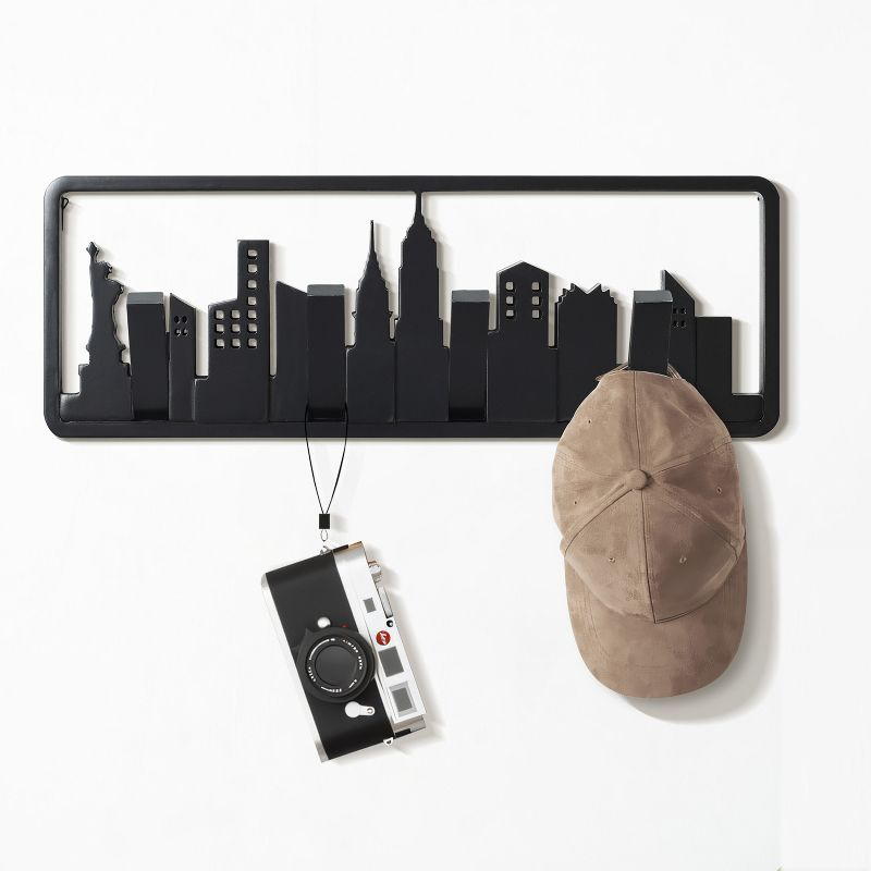 LuxenHome Black Wood 4-Hook Skyscraper Wall-Mounted Coat and Towel Rack
