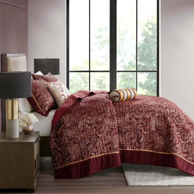 Madison Park 5pc King Whitman Reversible Jacquard Bedspread Set Burgundy: Embroidered, Traditional Style