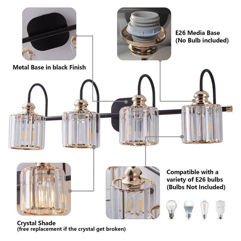 ExBriteUSA 4-Light Wide Gold Crystal Bathroom Vanity Lights,