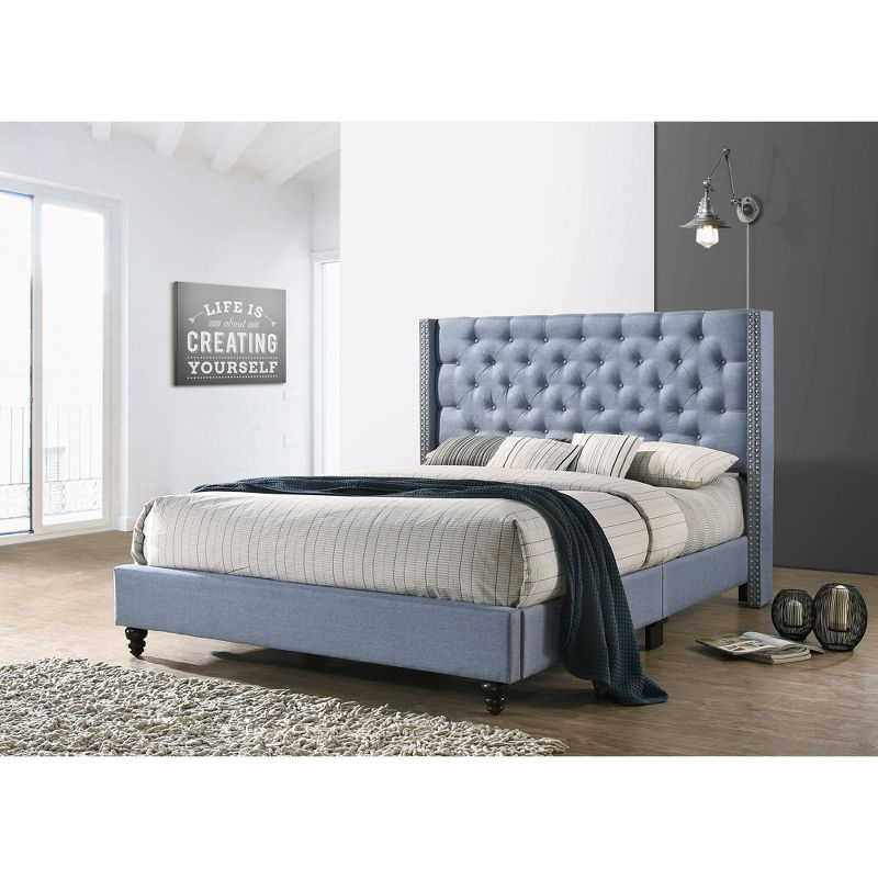 Passion Furniture Julie Blue Tufted Upholstered Low Profile Queen Panel Bed