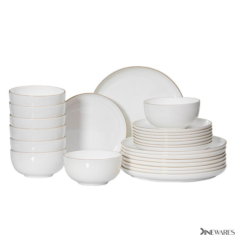 Dinewares White with Gold Rim Bone China Dinnerware Set - Service for 8, Includes Dinner Plates, Salad Plates, and Cereal or Soup Bowls