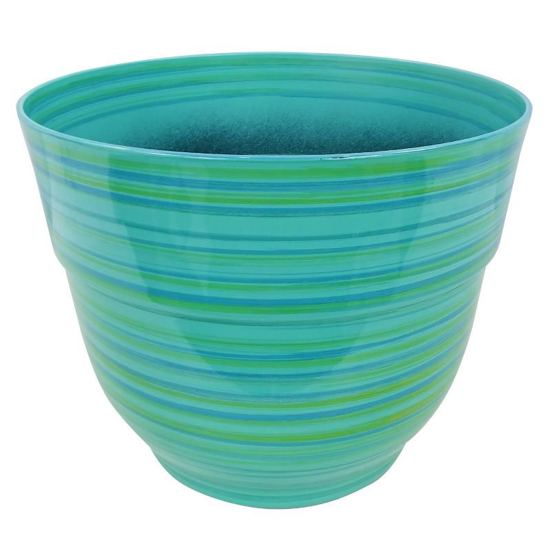 Alpine Corporation Glossy Striped Indoor Outdoor Planter with Drainage Hole Turquoise 13"x13"x11": Polypropylene, Freestanding