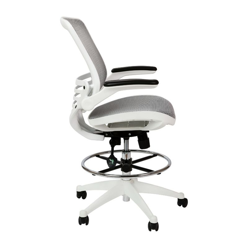 Emma and Oliver Gray Mid-Back Mesh Drafting Chair with White Frame and Flip-Up Arms