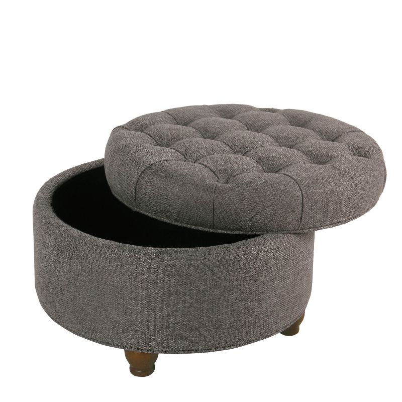 Large Tufted Round Storage Ottoman with Lid & Wood Legs - HomePop