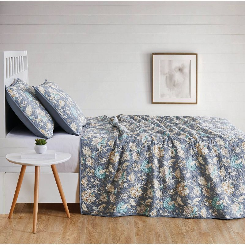 3pc King Florence Quilt Set Cream/Blue/Dark Gray - Cottage Classics: Cotton Reversible Coverlet with Shams
