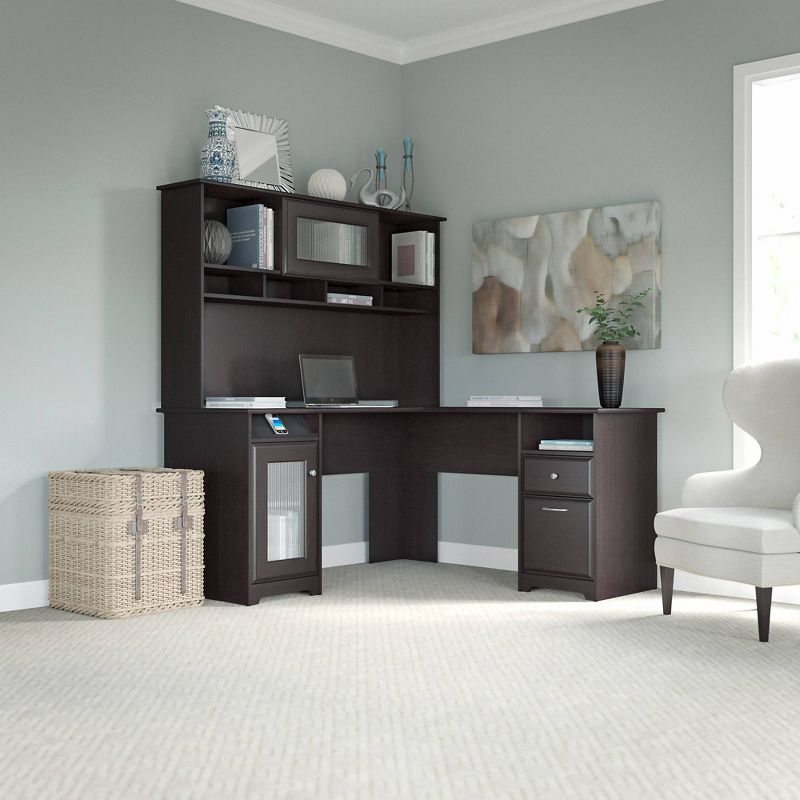 Cabot 60W L Shaped Computer Desk with Hutch Espresso Oak - Bush Furniture: Executive Workstation, Storage Hutch, File Drawer