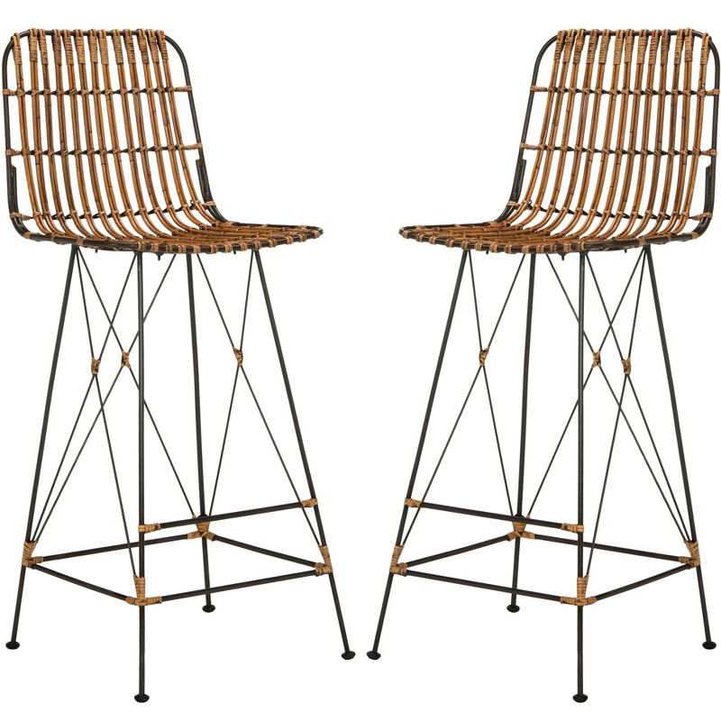 Minerva Wicker Bar Stool (Set of 2) - Natural/Black - Safavieh