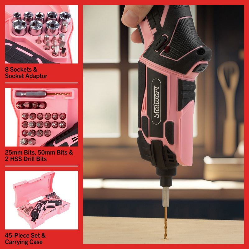 Stalwart 45pc 4V Cordless Screwdriver Set, Pink