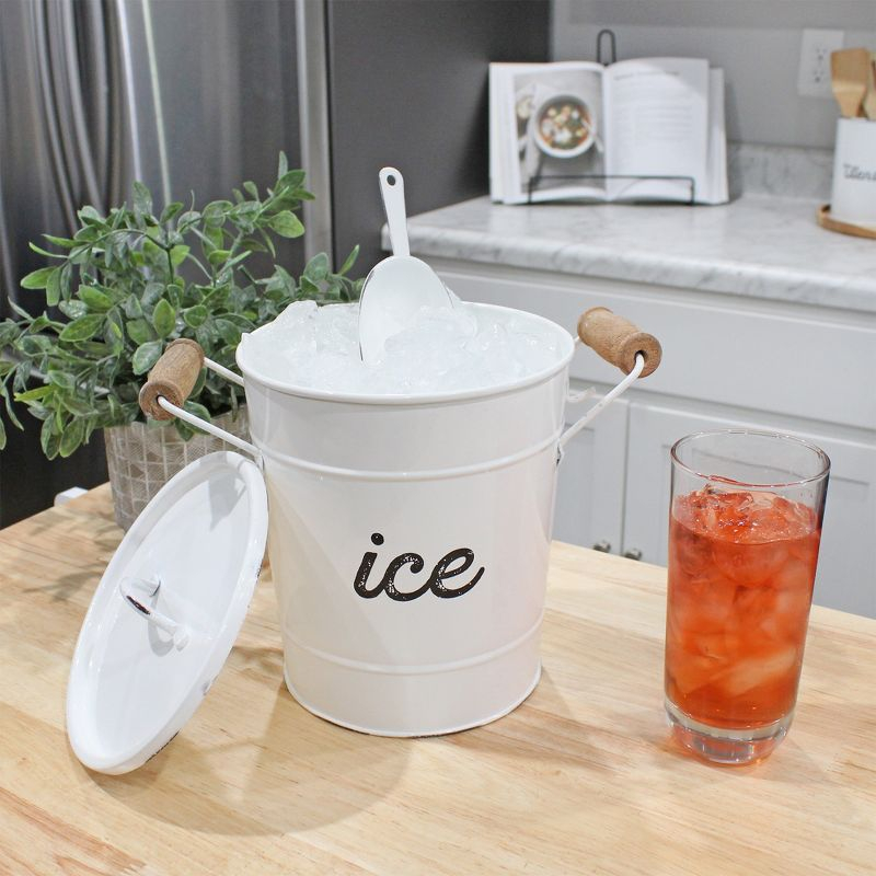 AuldHome Design White Farmhouse Enamelware Ice Bucket; Rustic Style Insulated Ice Server