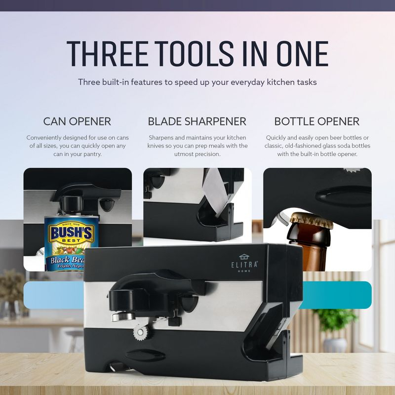 Elitra 3 in 1 Under the Cabinet Electric Can Opener, Blade Sharpener, Bottle Opener - Black