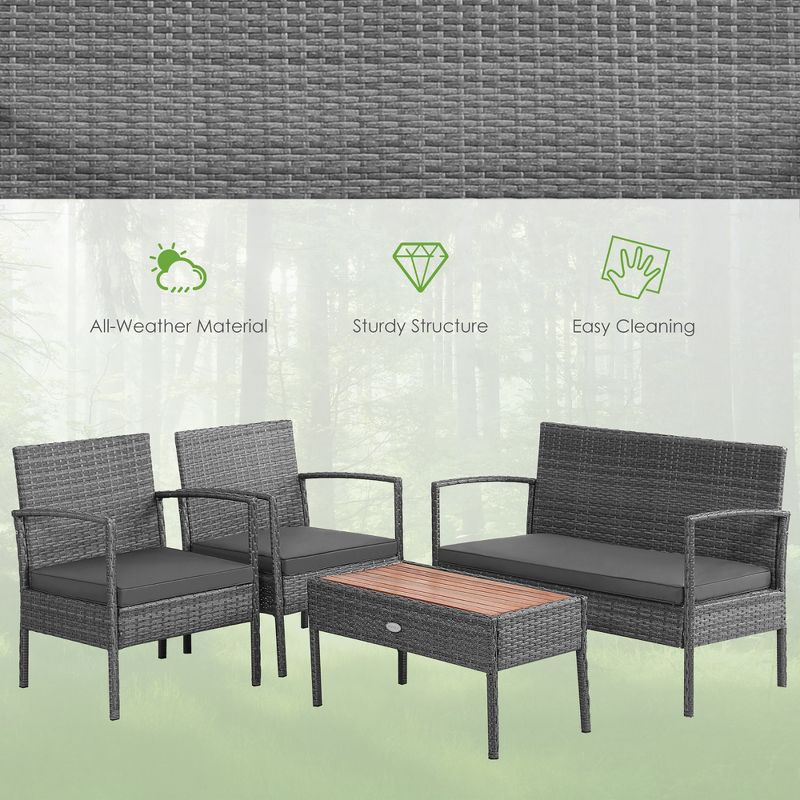 Costway 4PCS Patio Rattan Furniture Set Cushioned Chair Wooden Tabletop Gray