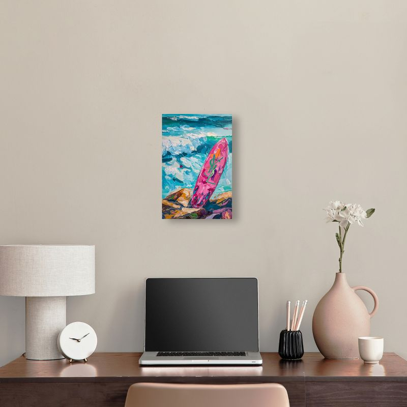 Art Remedy Pink Surfboard On The Beach Wall Art by Art Remedy
