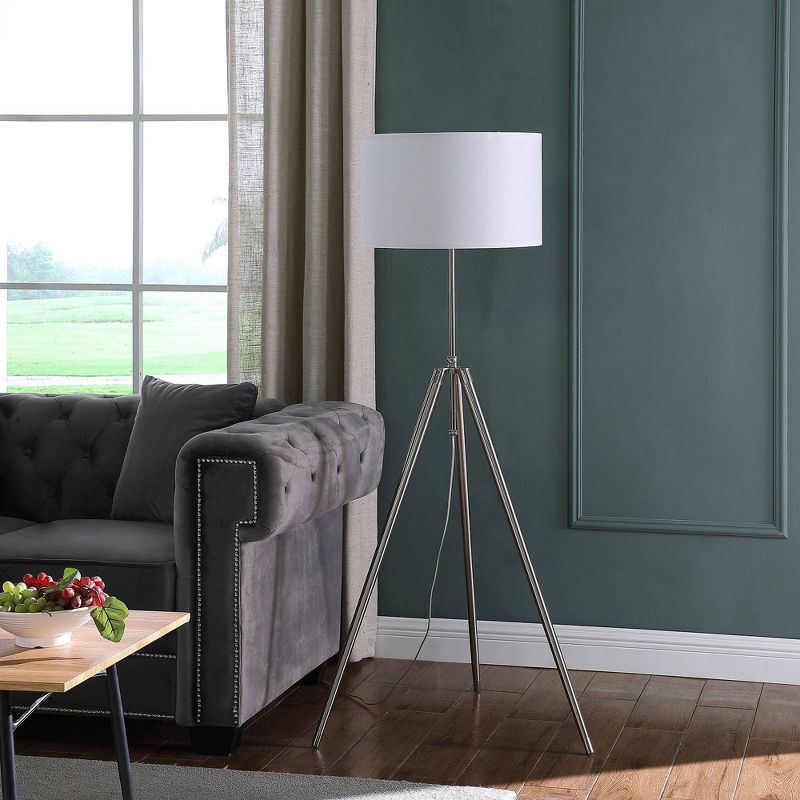 Ore International 64"x47" Mid-Century Adjustable Tripod Metal Floor Lamp Chrome/Silver: Urban Design, Drum Shade, Inline Switch