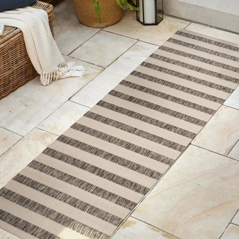 2'x10' Aveiro Wide Stripe Indoor/Outdoor Runner Rug, Beige/Brown - JONATHAN Y