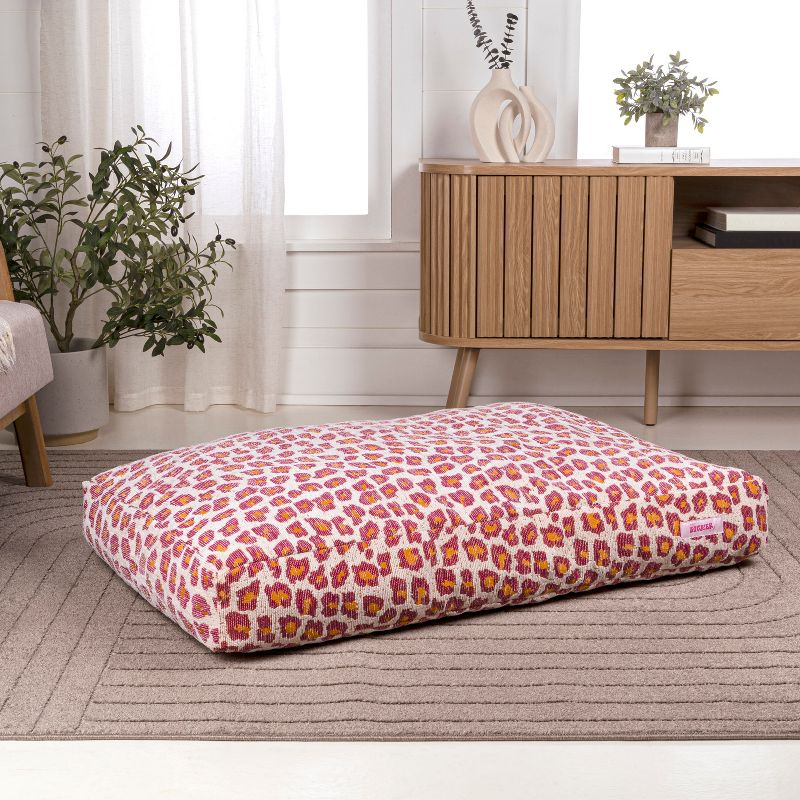 THE LICKER STORE Mabel 41" x 25.5" Designer Modern Ultra Soft Reversible Plush Rectangular Pet Bed with Washable Cover, Raspberry Leopard