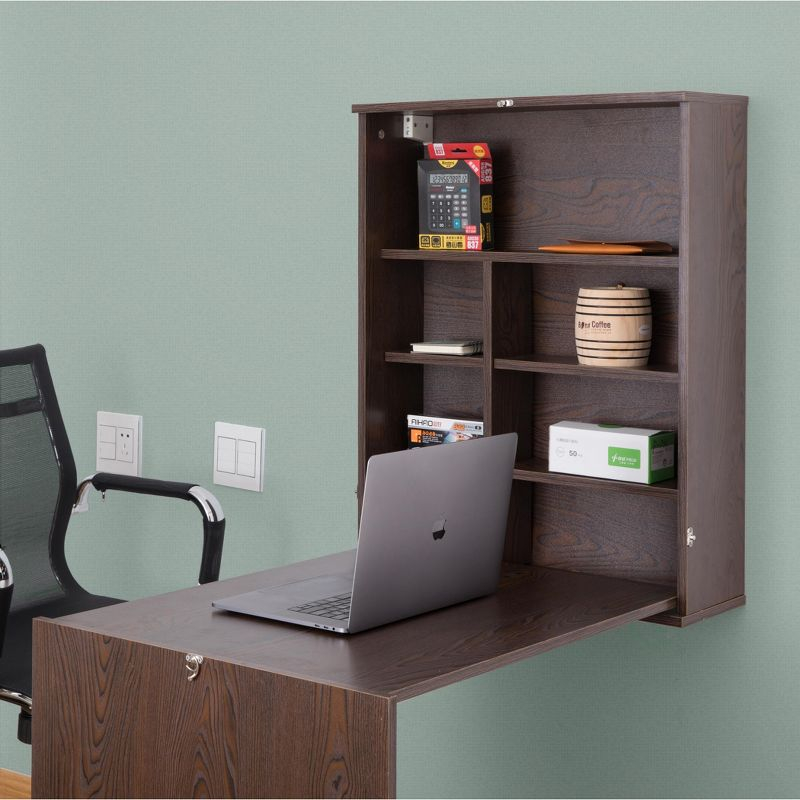 Basicwise Wall Mount Laptop Fold-out Desk with Shelves, Brown