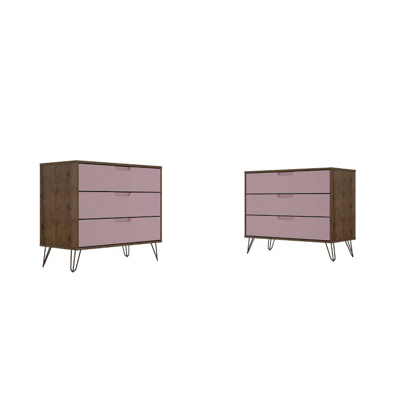 Set of 2 Rockefeller 3 Drawer Dresser Nature/Rose Pink - Manhattan Comfort: MDF Bedroom Storage, Easy-Glide, 6 Drawers
