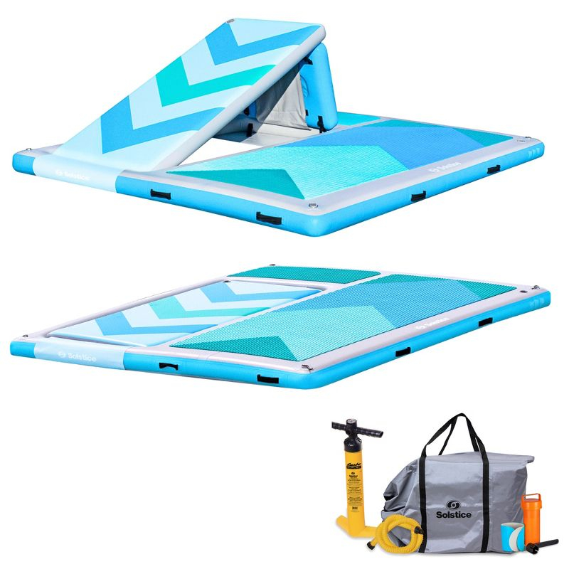 Solstice 10 Foot x 8 Foot Inflatable Convertible Floating Slide Dock Water Lounger Platform with Pump and Storage Bag for Lakes, Pools, and Rivers