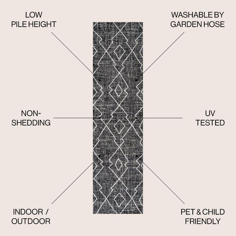 2'x10' Carwa  Diamond Trellis Indoor/Outdoor Runner Rug, Black/Ivory - JONATHAN Y