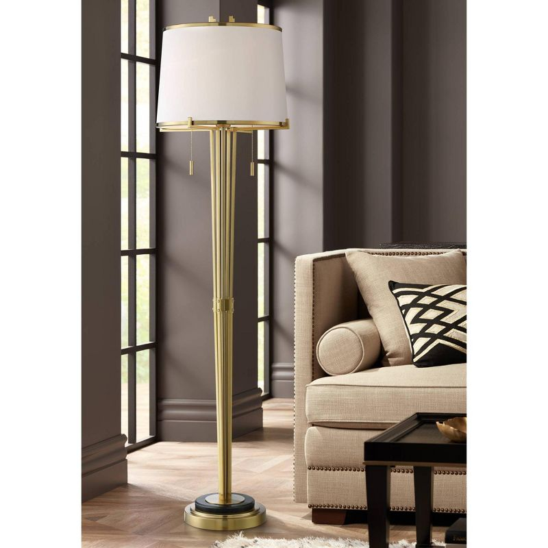 Possini Euro Design Palisade Modern Floor Lamp 64" Tall Satin Brass Metal Trimmed Fabric Tapered Drum Shade for Living Room Bedroom Office House Home