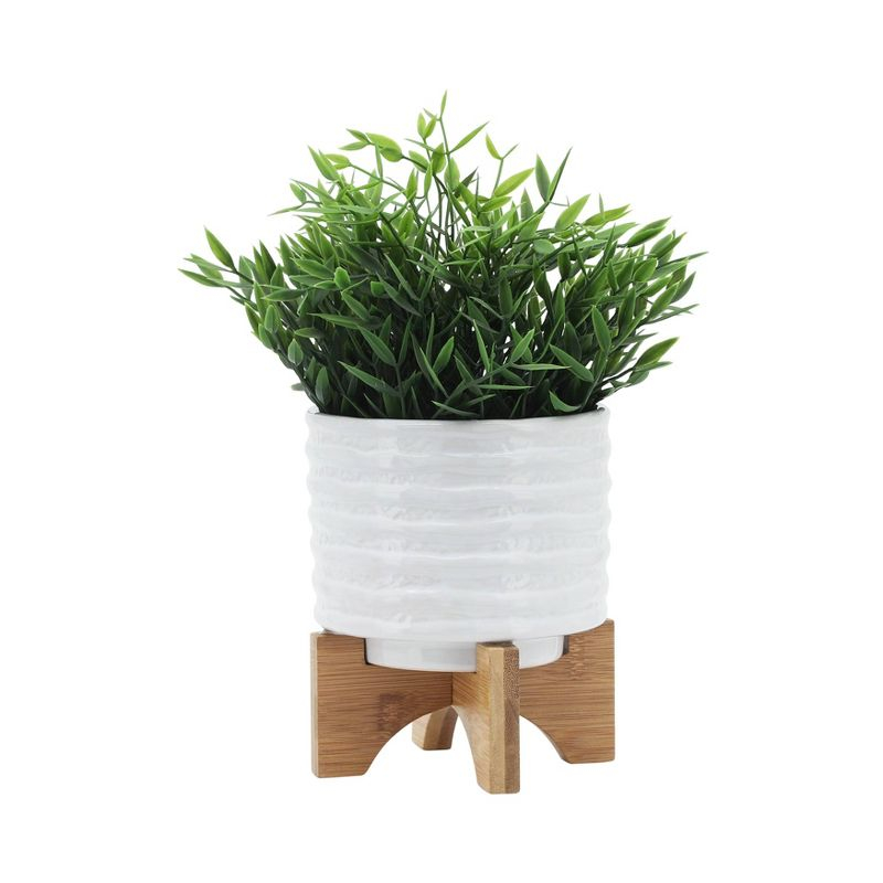 6" Ceramic Planter on Stand White Stripe - Sagebrook Home: Ridged, Wood Stand, Indoor/Outdoor Use