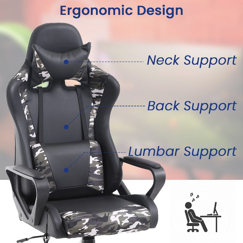 BestMassage Gaming Chair High-Back Office Chair with Lumbar Support Massage Function and PU Leather Rolling Swivel Chair for Adults and Teens, Camo