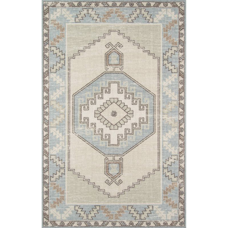 Momeni 6'6"x9' Anatolia Rylee Medallion Machine Loomed Area Rug Light Blue: Classic Pattern, Wool & Nylon, Low Pile