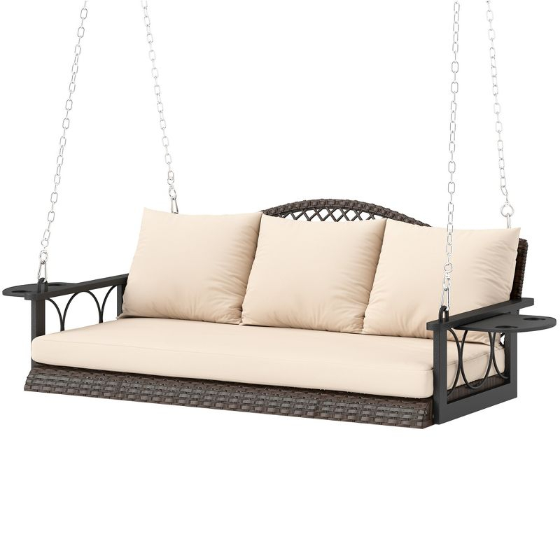 Outsunny 3 Person Outdoor Hanging Wicker Porch Swing Bench with Cup Holders, Cushions, and Chains, 800 LBS Capacity for Garden Backyard, Brown