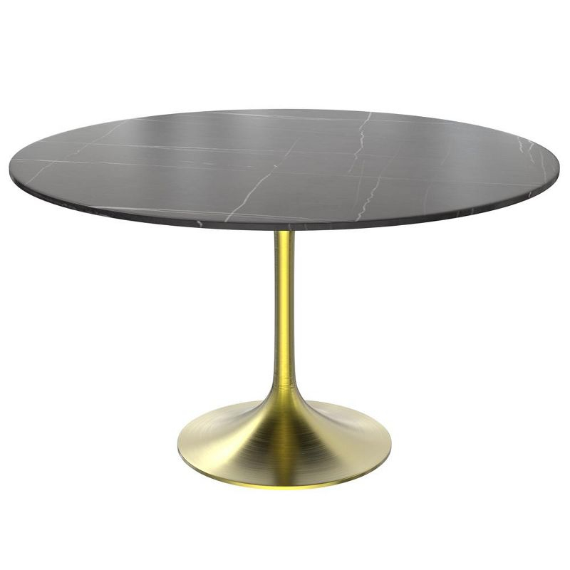 LeisureMod Verve 48" Round Dining Table, Modern Stone Top Dining Table with Brushed Gold Stainless Steel Pedestal Table Base in Black