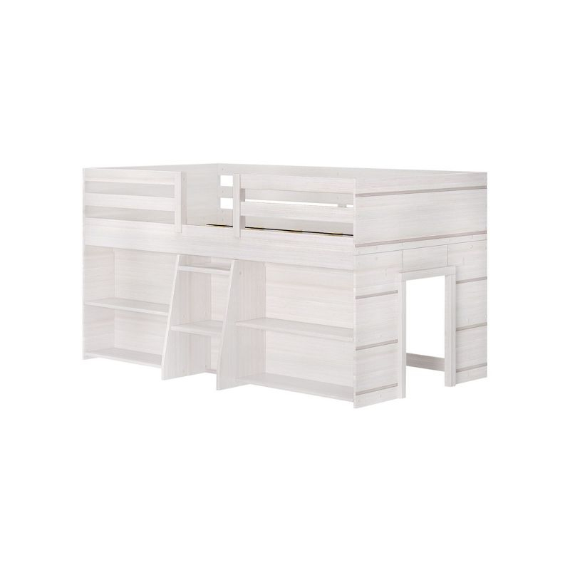 Max & Lily Loft Bed Twin Size, Solid Wood Low Loft Bed with 2 Bookcases and Ladder, Modern Farmhouse Loft Bed for Kids, White Wash