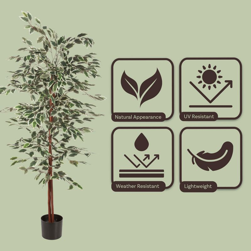 Nature Spring 5 ft Ficus Artificial Tree - Fake Plant with Variegated Leaves and Natural Trunk - Topiary Decor for Indoor or Outdoor