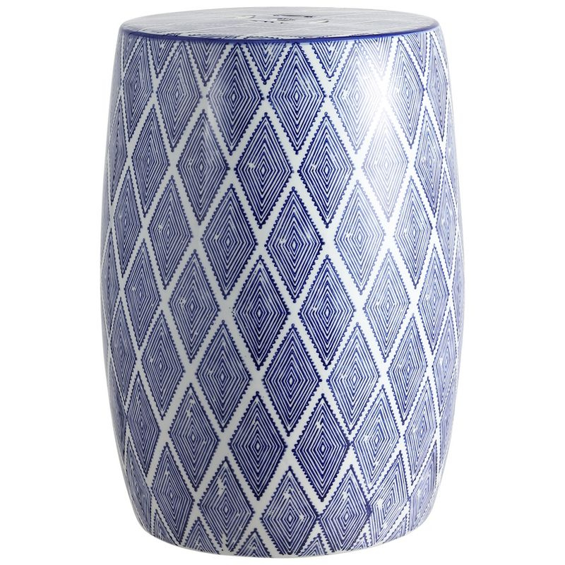 Moroccan Diamonds 18" Ceramic Drum Garden Stool, Blue/White - JONATHAN Y
