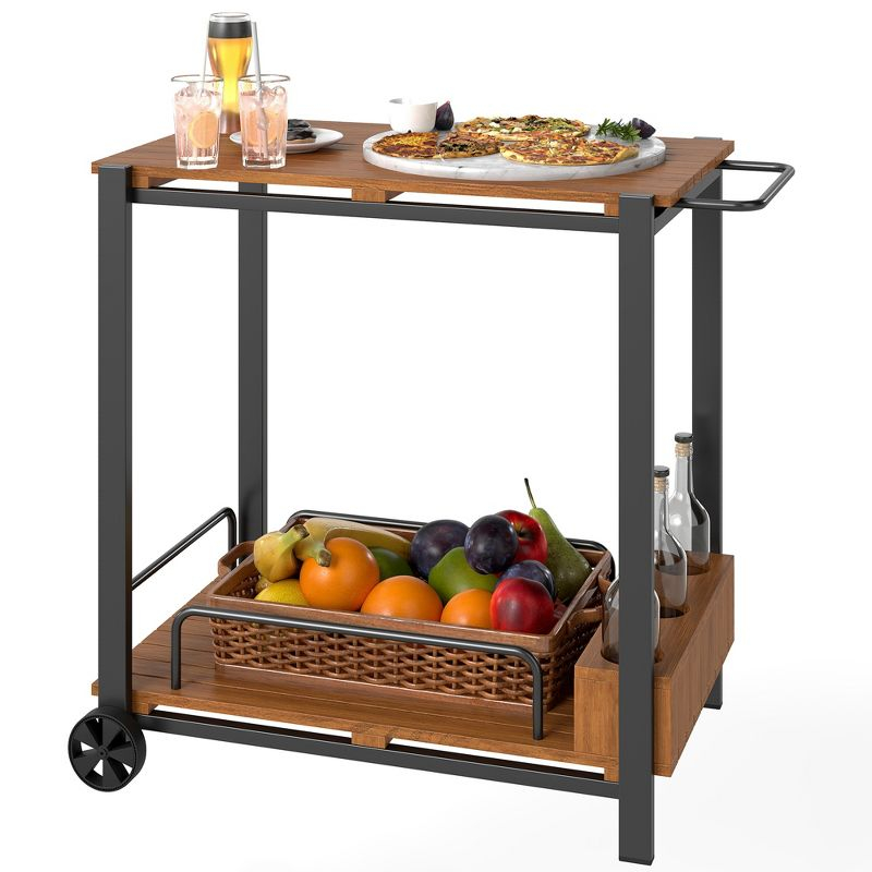 Outsunny Acacia Wood Outdoor Bar Cart with Wheels, Rolling 2-Tier Coffee & Drink Cart with 3 Bottle Holders, Outdoor Serving Cart for Patio, Teak