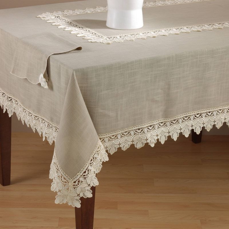Taupe Lace Trimmed Tablecloth (72") - Saro Lifestyle: Polyester, Square Shape, Hand Wash, Elegant Dining Decor