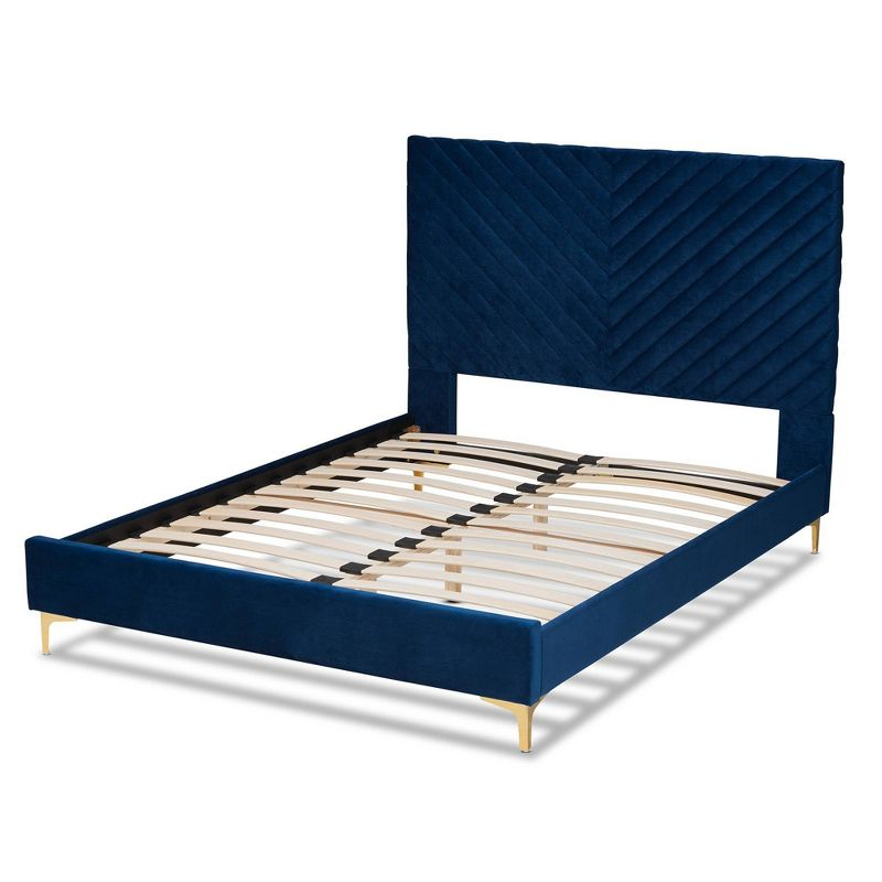 King Fabrico Velvet Fabric Upholstered and Metal Platform Bed Navy Blue/Gold - Baxton Studio