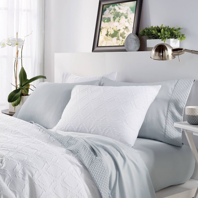 Full/Queen 3Pc Solid Ogee Duvet Set White - Microsculpt: Polyester Microfiber, Lightweight Fabric, Includes 2 Shams