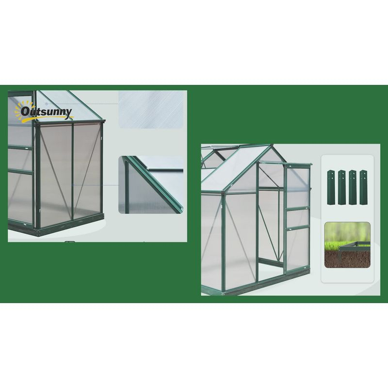 Outsunny 6.2' x 4.3' x 6.6' Polycarbonate Greenhouse, Heavy Duty Outdoor Aluminum Walk-in Green House Kit with Vent & Door for Backyard Garden, Gray