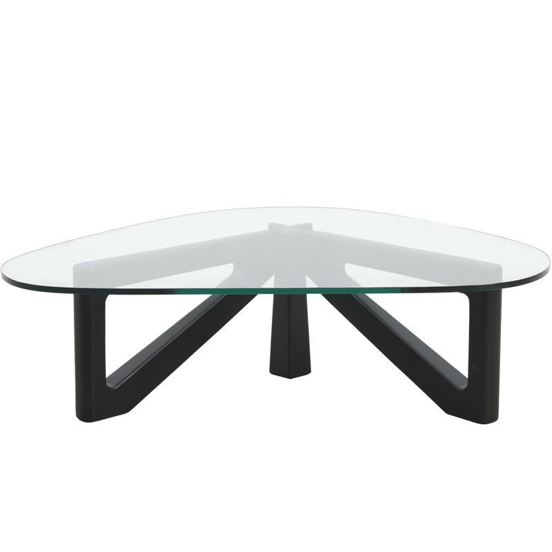 LeisureMod Imperial Collection Triangular Glass Top Coffee Table with Glossy Ash Wood Base for Home, Living Room, Office
