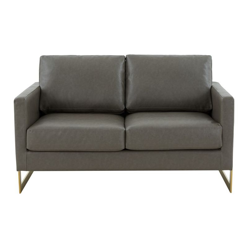 LeisureMod Lincoln Mid-Century Modern Upholstered Faux Leather Loveseat with Gold Frame in Grey