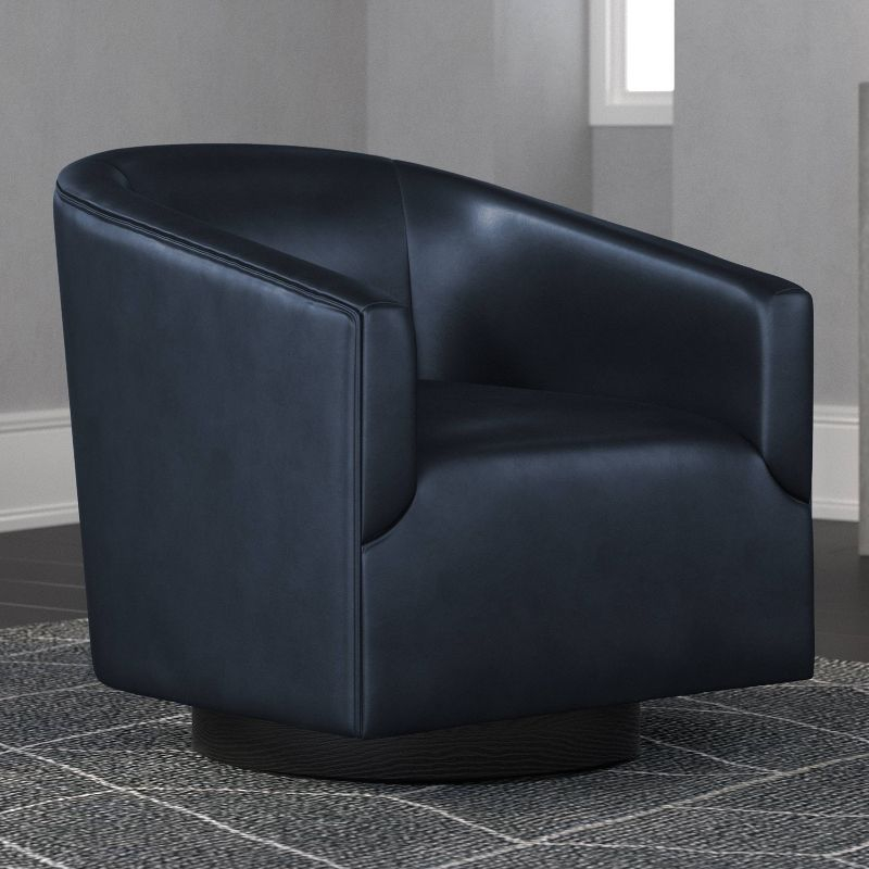 Comfort Pointe Gaven Wood Base Swivel Accent Chair Midnight Blue: Durable Faux Leather, 360° Swivel, No-Sag Springs