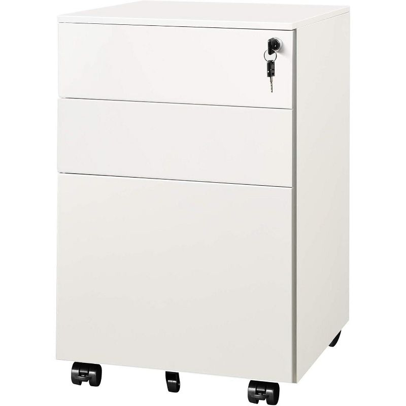 Locking File Cabinet, 3 Drawer Rolling Pedestal Under Desk Office, Fully Assembled Except Casters, White