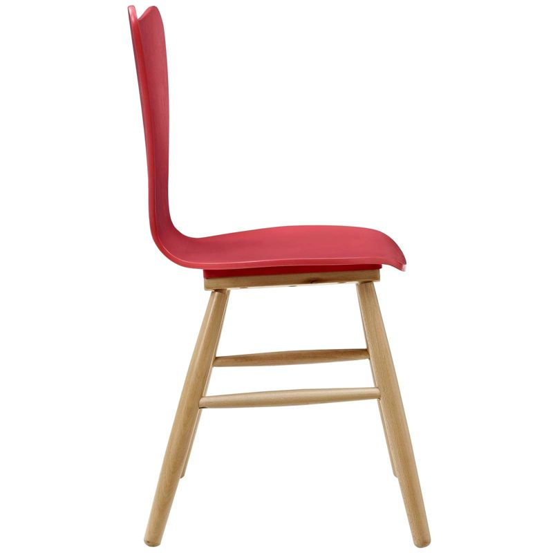 Modway Cascade Wood Dining Chair Red – Mid-Century Modern Dining Side Chair with Curved Back and Natural Wood Legs