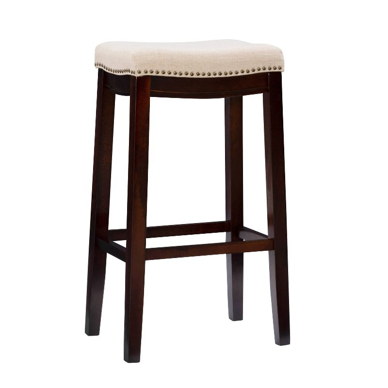 Linon Claridge Backless Nailhead Saddle Barstool Linen: Upholstered, Rubberwood Legs, Fixed Height 32.25"