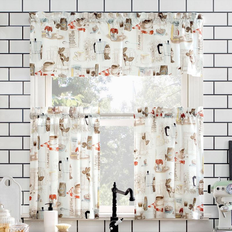 24"x54" Brew Coffee Shop Semi Sheer Rod Pocket Kitchen Curtain Valance and Tiers Set White - No. 918
