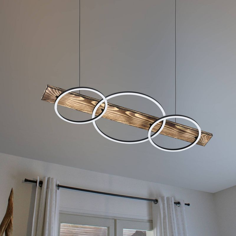 3-Light Boyal Integrated LED Pendant Brushed Pine Wood Finish with Black Structured Shade - EGLO: Vintage Style, Adjustable, Dimmable